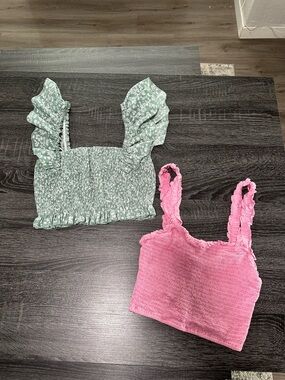 Green Floral Ruffle Crop Top & Pink Smocked Tank Duo